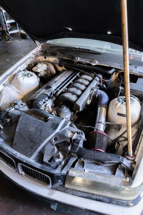 A BMW straight-six engine bay