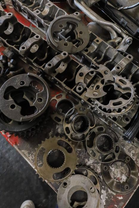 Engine components laid out on the bench